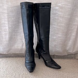 Ted Baker London Black Leather Knee High Boots with Patent Leather Detail